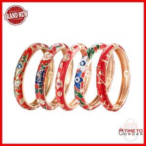 5-Piece Alloy Enamel Bangle Set with Rose Flower Engraving, Gift Box